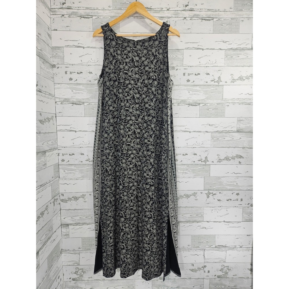 J.Jill Wearever Floral Sleeveless Maxi Dress Black White Side Slit Women L